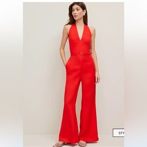 Ann Taylor Red Halter Wide-Leg linen Jumpsuit